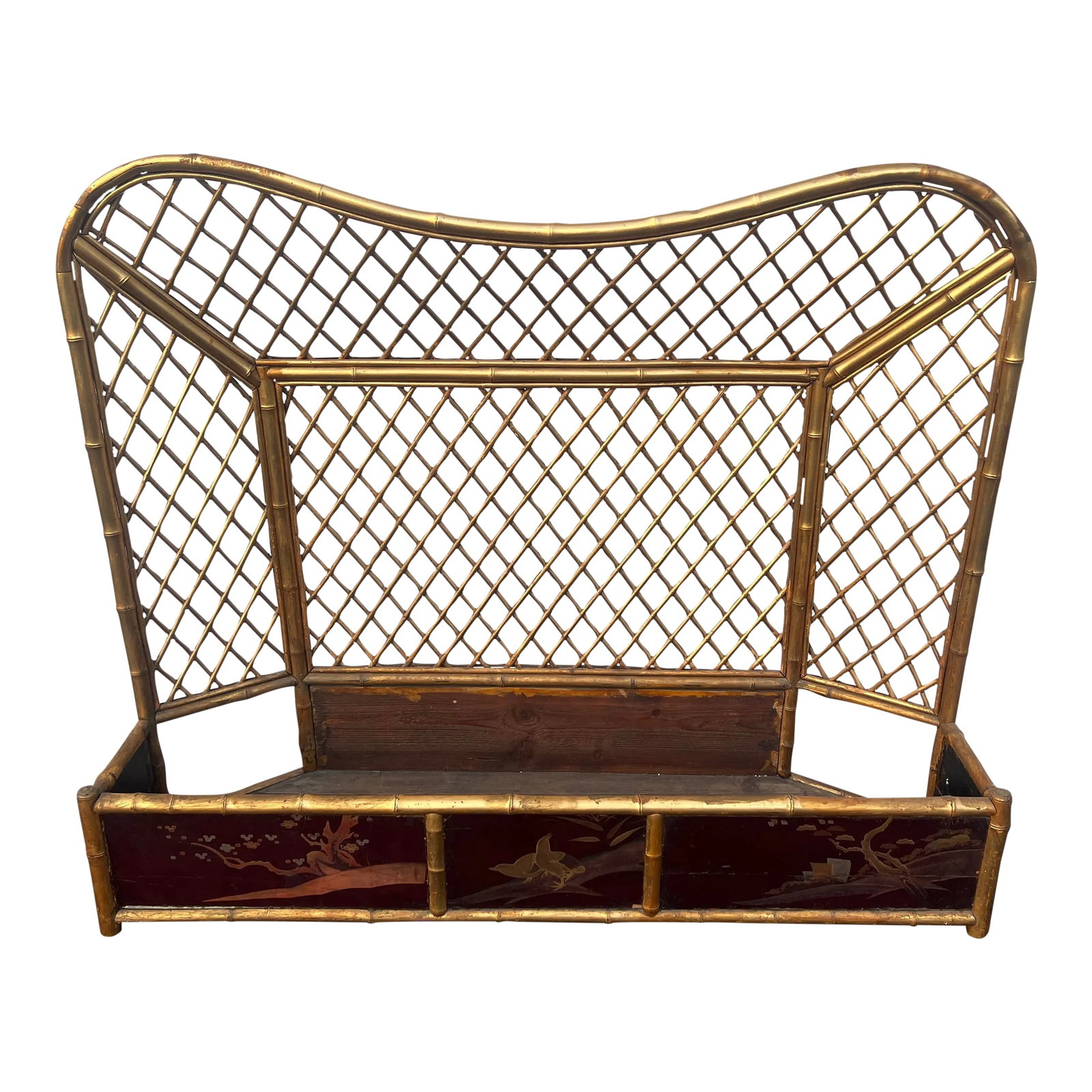 Fine & Unusual 19th Century Chinoiserie Decorated Gilt Bamboo Fire Screen: English or French, 19th century. Behold the exquisite charm of the 19th century brought to life in this fine and unusual Chinoiserie decorated gilt bamboo fire screen. A testament to the fascination w