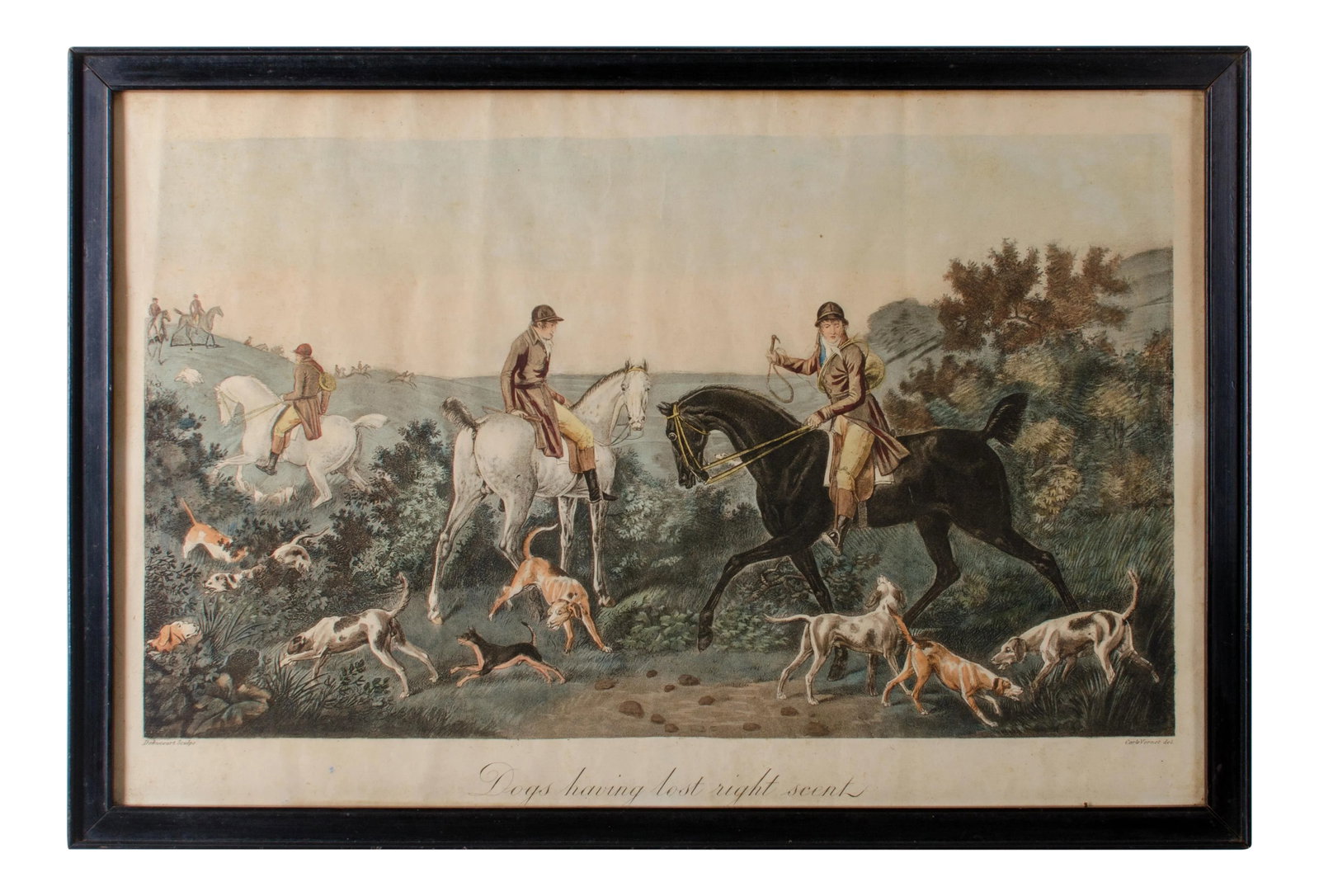Mid 19th Century "Dogs Having Lost Right Scent" Engraving by Carle Vernet: Offered is an antique sporting print engraved by Debucourt after the painting by Carle Vernet. Sight 12 by 18 inches Frame 13 1/4 by 19 1/2 inches The engraving has been expertly hand colored. It is