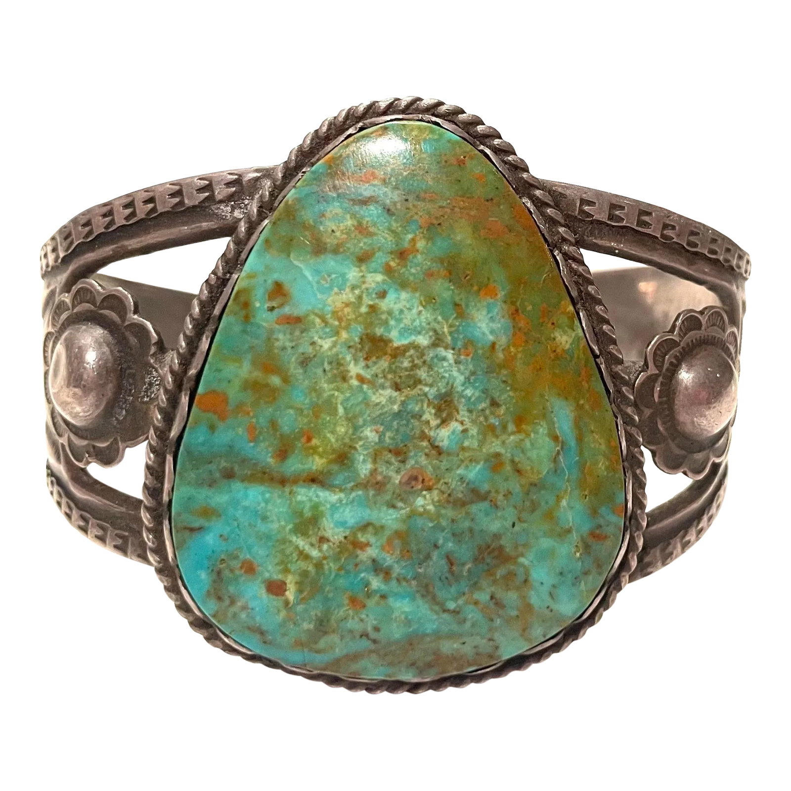 Old Pawn Silver and Turquoise Bracelet/Cuff: I bought this from legendary antiques dealer, Marcy Burns. It has been a well loved piece even years before I was its custodian. This piece will go to a very special person. Condition: Alterations: Or
