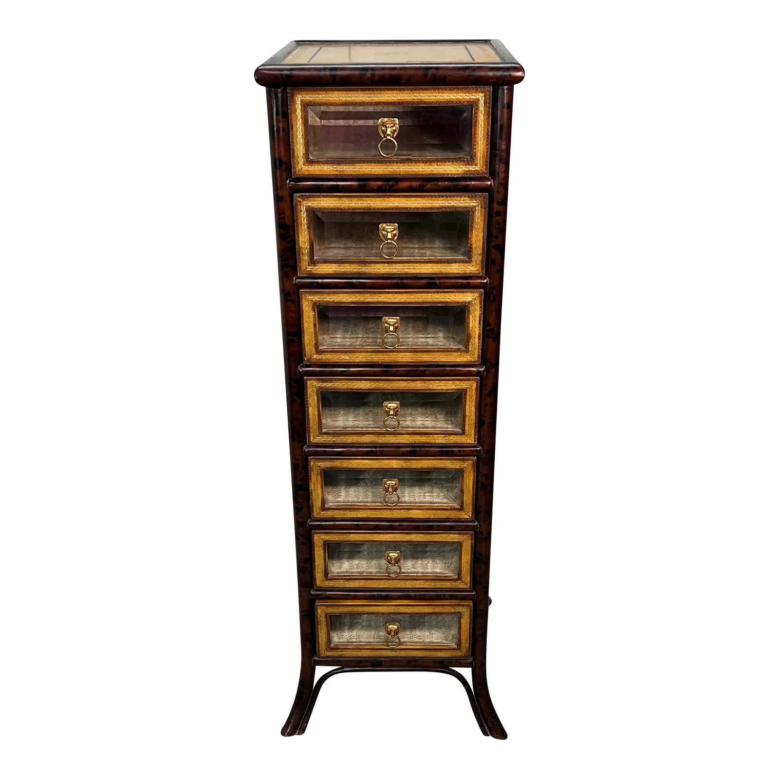 Maitland-Smith Faux Tortoise Shell Bamboo Campaign Style Seven Drawer Chest: Maitland Smith faux tortoise shell bamboo campaign style leather wrapped storage chest. Each drawer has a beveled glass front trimmed in tooled leather with a lions head pull. The top and four sides a