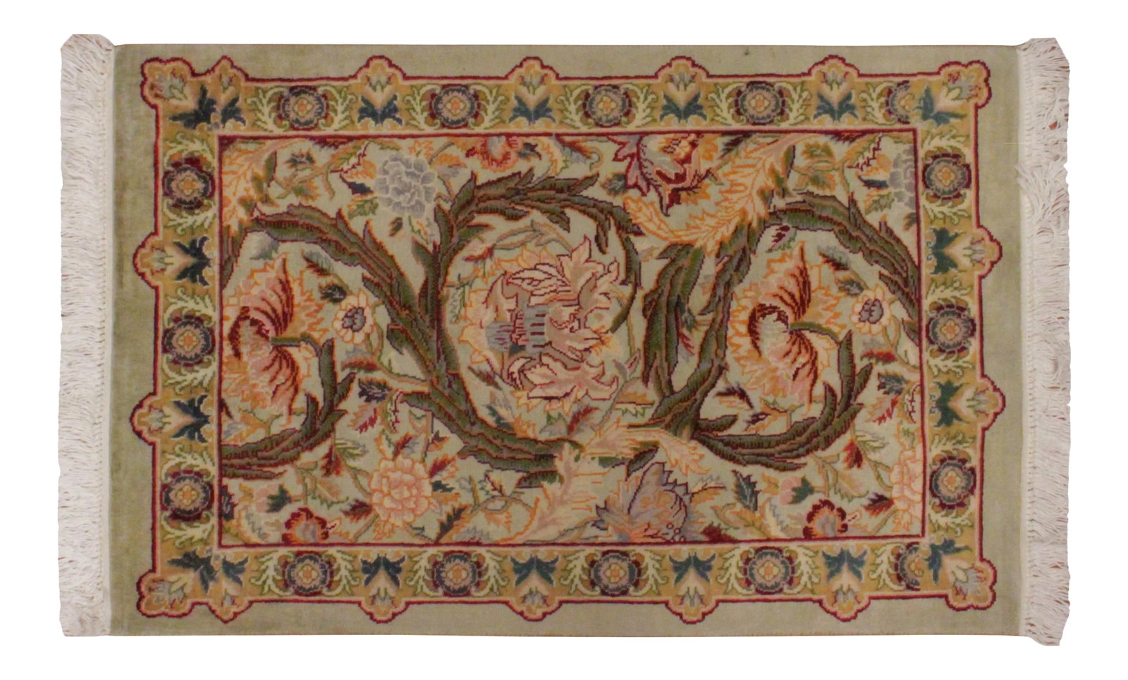 1990s Shabby Chic Mary Gold Heritage Rug - 2' X 3'2": Breathtaking Persian design precisely handcrafted by master weavers in a tight knit weave. This state of art one of a kind hand knotted rug is made with only the finest handpicked wool featuring