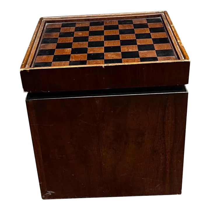 1960s by Lane Walnut and Vinyl Chess Table With Storage: AMBIANIC presents 1960s by Lane Walnut and Vinyl Chess Table with Storage Storage Box or Side Table Reversible faux leather cover on one side game board on the other! 27.25 h x 16 x 16 Original