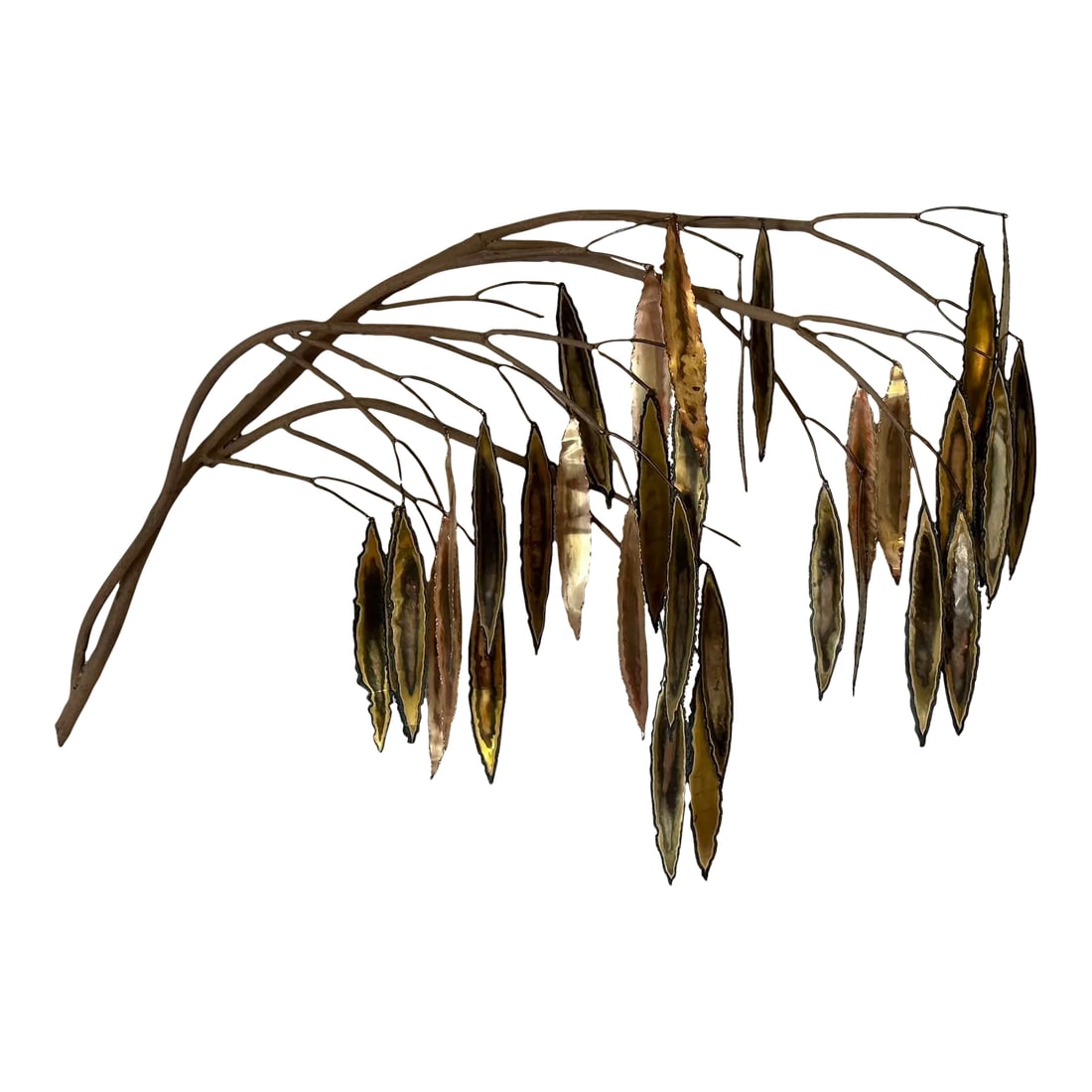 Vintage Curtis Jere Wall Sculpture With a Branch and Leaves: Vintage Curtis Jere wall sculpture made of textured and painted steel that looks like branches with handmade, sheared, crimped, torched, and welded brass and/or copper leaves. One leaf is signed C. Je