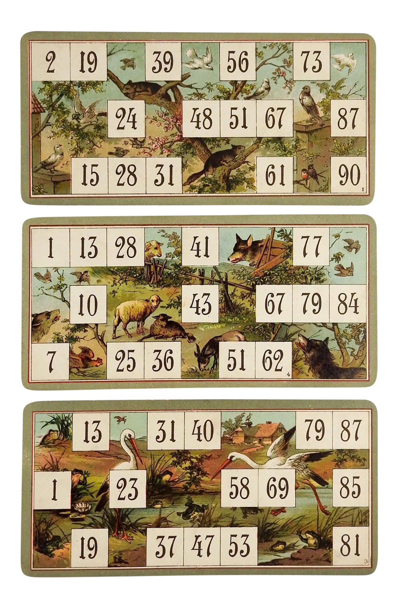 Antique Lithograph Lotto Game Cards Storks & Wolf - Set of 3