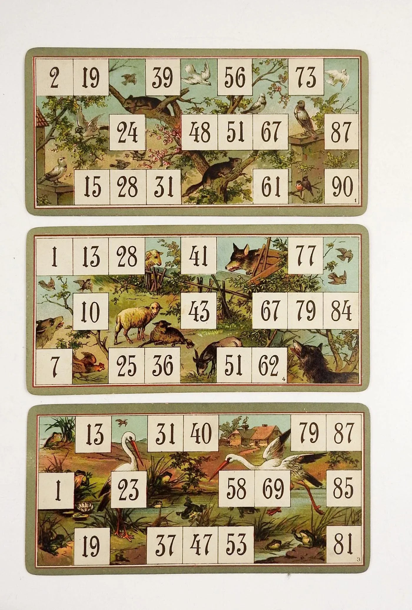 Antique Lithograph Lotto Game Cards Storks & Wolf - Set of 3 - 5