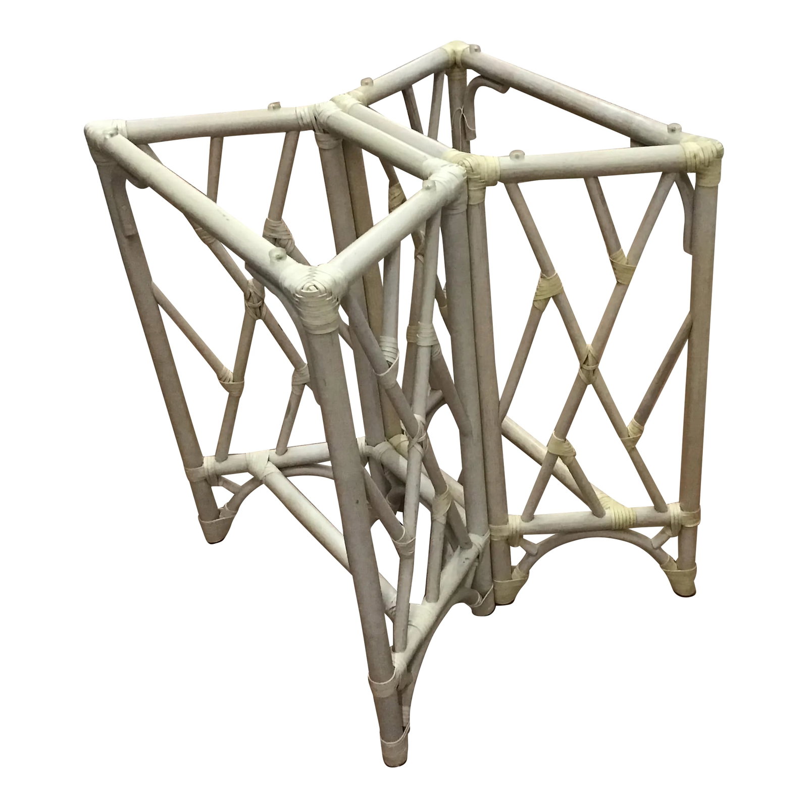 Chinoiserie Bamboo Table Base: Strong and sturdy bamboo base, with leather strappings. Off white natural color. Will accomadate any size glass no bigger than 54". This pedestal is unmarked by the manufacture, few years ago, I saw i