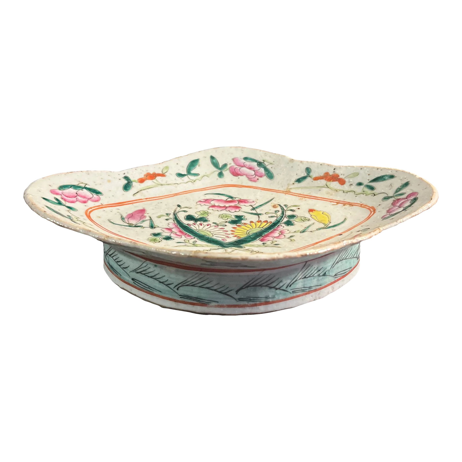 Antique Chinese Export Famille Rose Pedestal Plate: Antique footed pedestal plate with hand painted floral motifs. I especially like the aqua blue border around footed area. Condition: Alterations: Original Condition Unaltered Imperfections: Some Imper