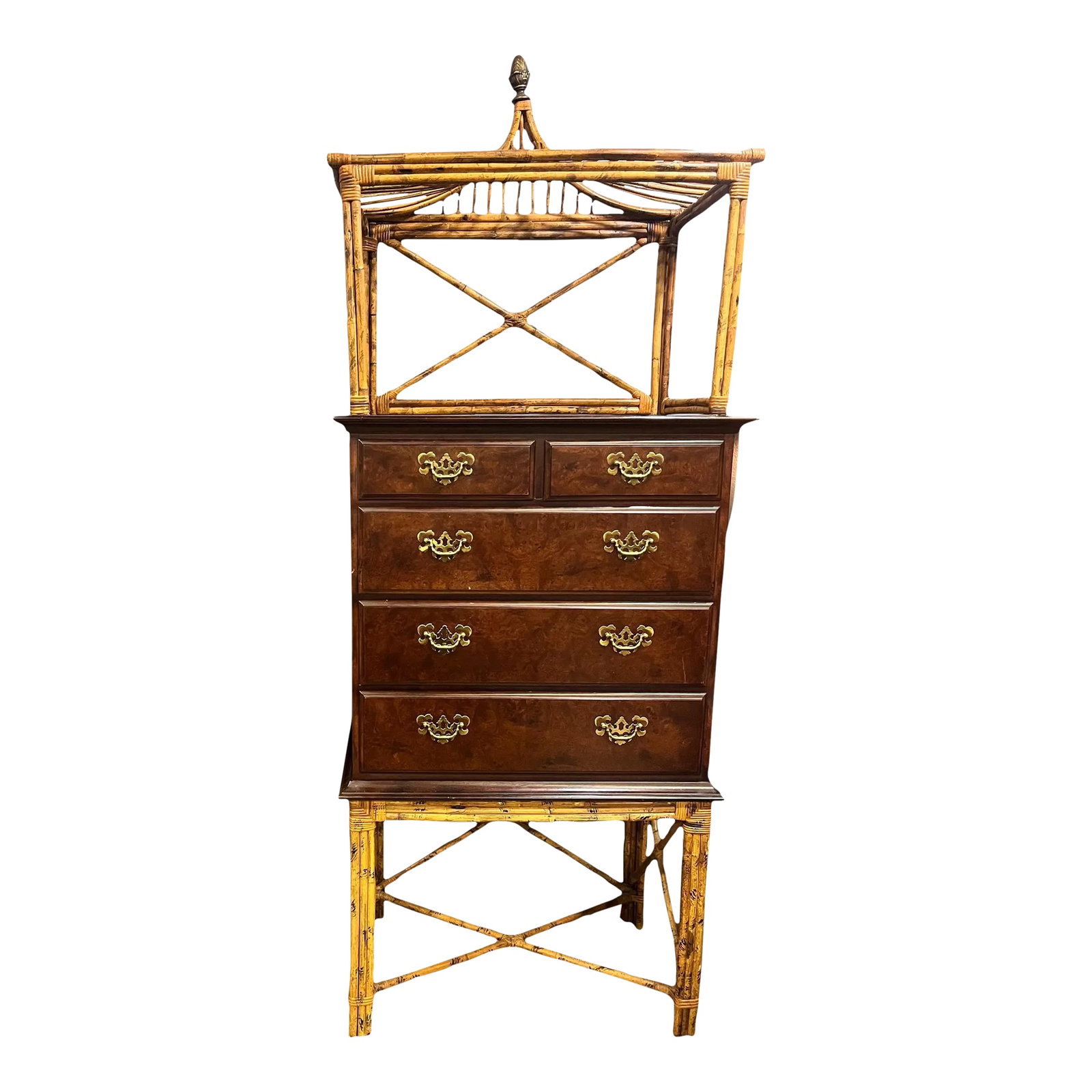 1970s Vintage Bamboo Pagoda Five Drawer Mahogany Chest of Drawers Dresser: Unique exquisite chest of drawers, blending traditional mahogany with a bamboo Bogota top and bottom base. The original hardware adds to its charm and making it a beautifully desired and rare piece. W