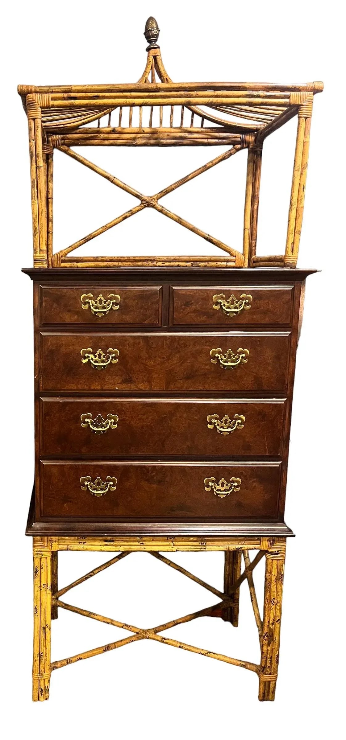 1970s Vintage Bamboo Pagoda Five Drawer Mahogany Chest of Drawers Dresser - 2