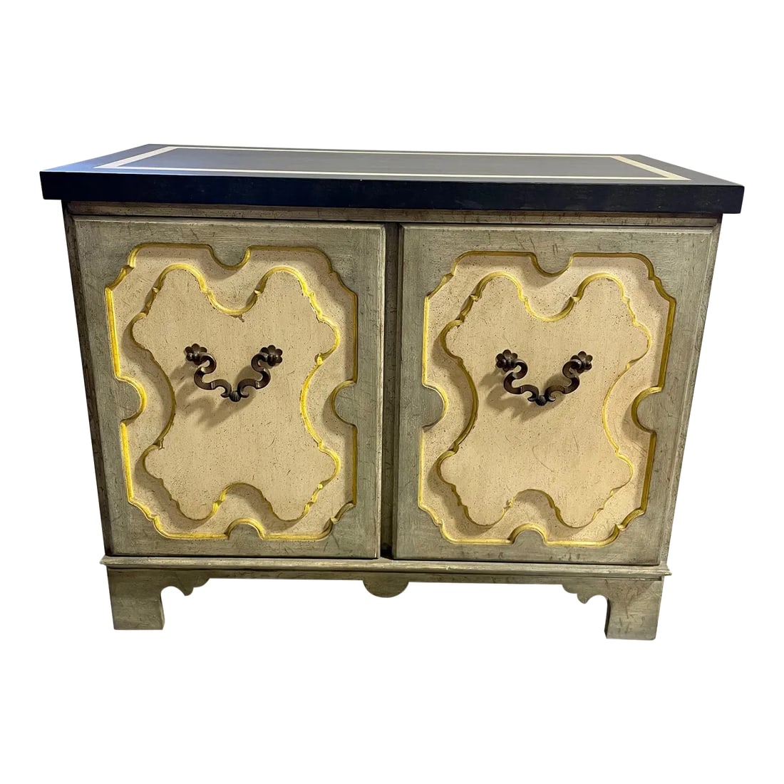 Late 20th Century Painted Commode: A polychromed door cabinet commode made by Baker Furniture Company; rendered in an unusual antiqued color palette of washed grey with cream and featuring yellow trim highlighting. The cabinet doors