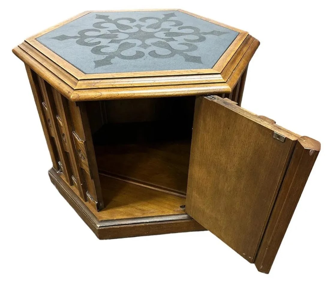 Jim Peed Drexel Esperanto Hexagon Table With Slate Top - 1960s Spanish Revival - 2