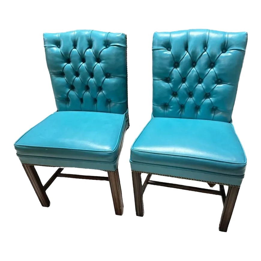 Drexel Vintage Mid Century Teal Button Tufted Accent Chairs - a Pair: Classic Drexel mid century chairs in teal faux leather and mahogany. Brass nail head trim. It's vinyl, which was very much in vogue with Drexel and other top furniture makers during the 1960s. It is o