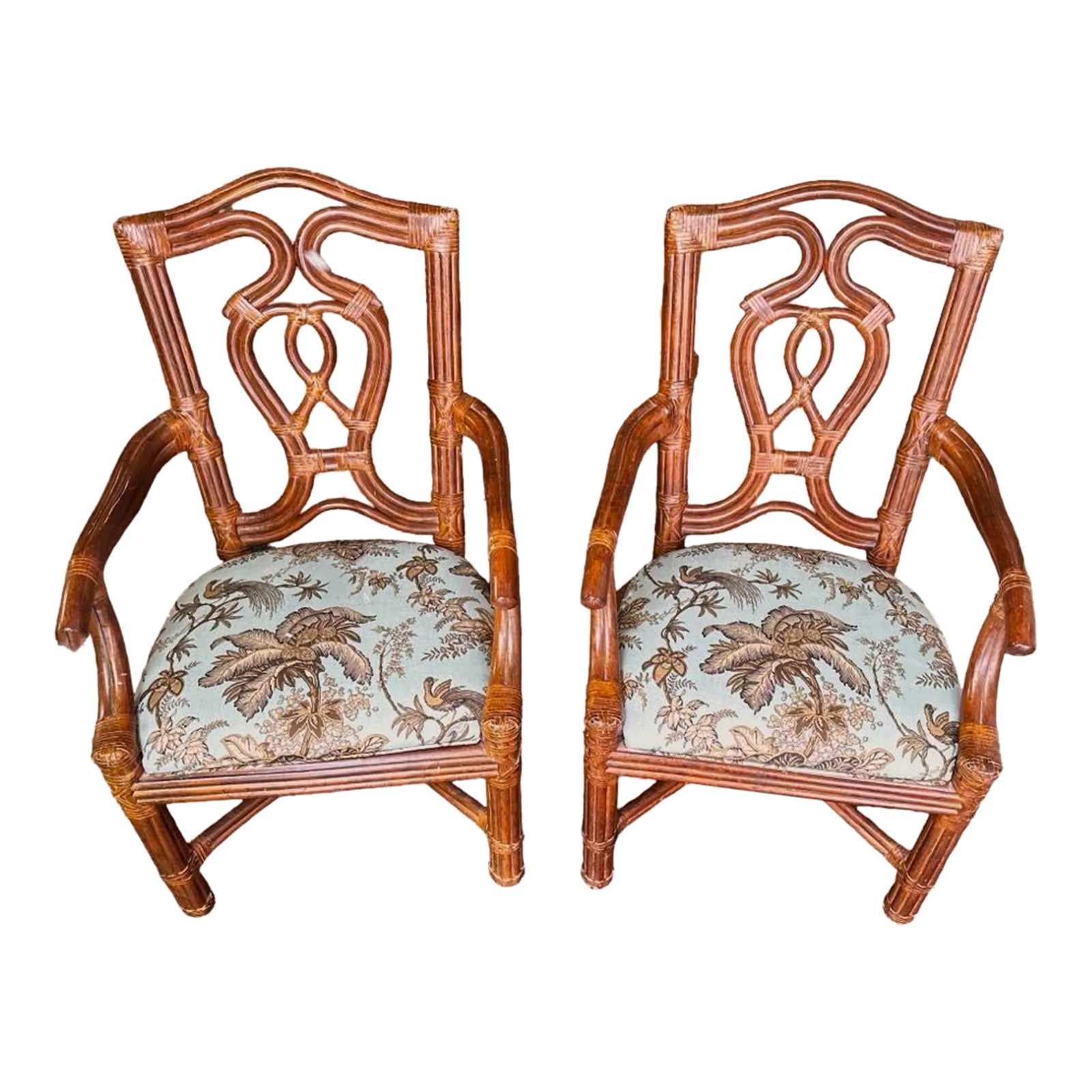Pair of Vintage Bernhardt Rattan Chairs With New Schumacher Linen 'Coconut Grove' Seat Upholstery: Pair of Vintage Bernhardt Rattan Chairs With New Schumacher Linen 'Coconut Grove' Seat Upholstery Excellent condition. Condition: Alterations: Original Design Modified Imperfections: Some