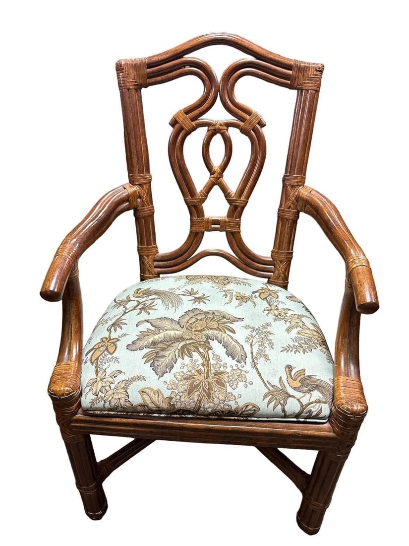 Pair of Vintage Bernhardt Rattan Chairs With New Schumacher Linen 'Coconut Grove' Seat Upholstery - 2