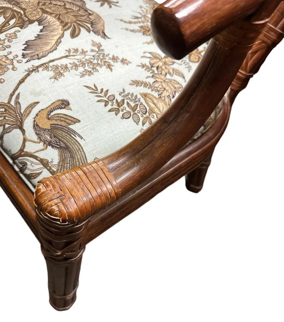Pair of Vintage Bernhardt Rattan Chairs With New Schumacher Linen 'Coconut Grove' Seat Upholstery - 3