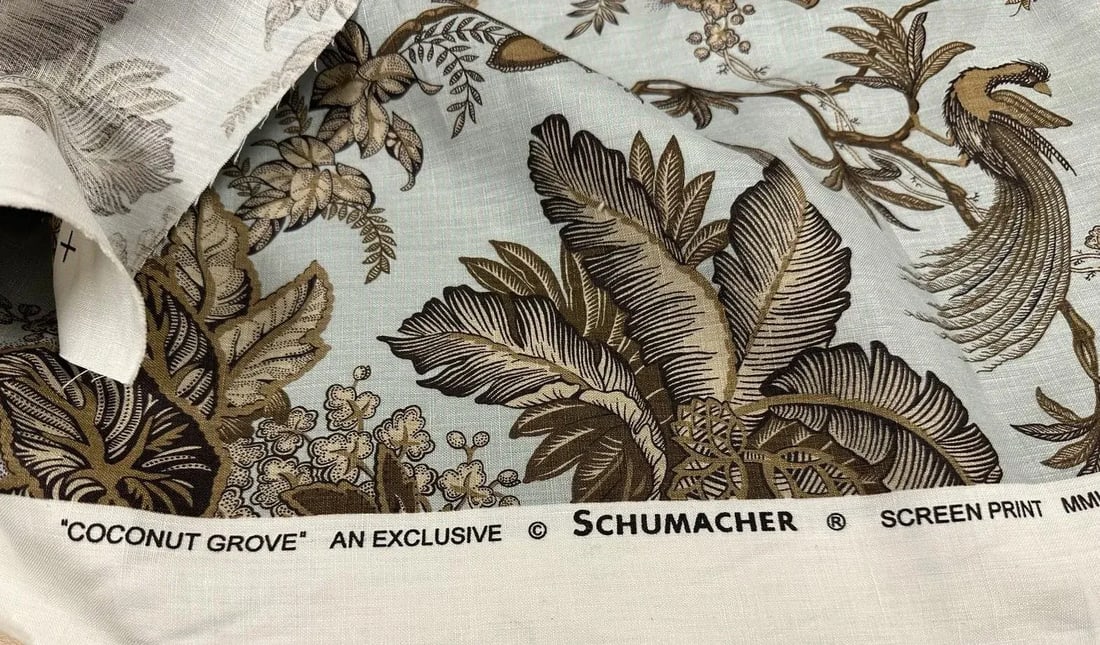 Pair of Vintage Bernhardt Rattan Chairs With New Schumacher Linen 'Coconut Grove' Seat Upholstery - 4