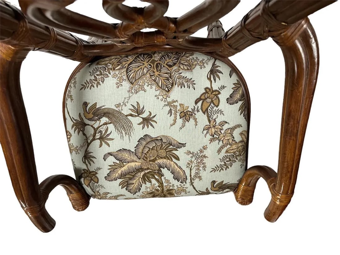 Pair of Vintage Bernhardt Rattan Chairs With New Schumacher Linen 'Coconut Grove' Seat Upholstery - 5