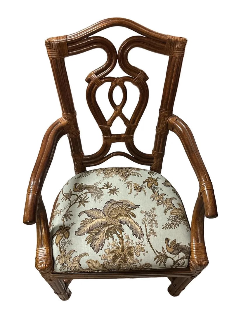 Pair of Vintage Bernhardt Rattan Chairs With New Schumacher Linen 'Coconut Grove' Seat Upholstery - 6