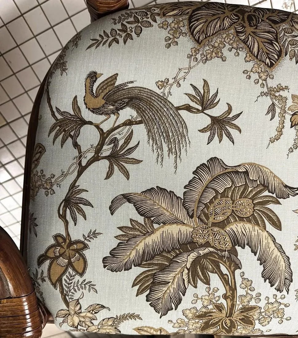 Pair of Vintage Bernhardt Rattan Chairs With New Schumacher Linen 'Coconut Grove' Seat Upholstery - 7