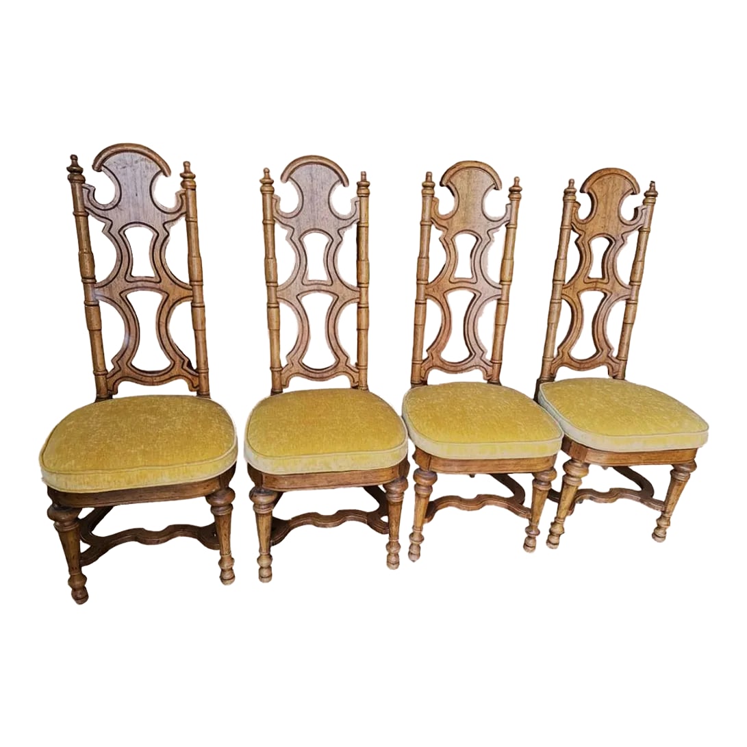 Jim Peed Drexel 1960s Spanish Style Pecan Wood Dining Chairs - Set of 4 (1 of 8)