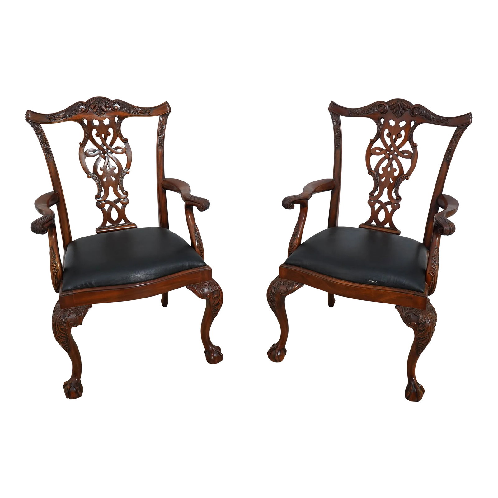 Pair Maitland Smith Ball & Claw Mahogany Armchairs: Age: Approx: 20 Years Old Details: Nice Carved Backs Quality Construction 18 C. design Chippendale Style Ornate Carved Backs Condition: Excellent Original Finish & Condition 1 Seat Has Tear Size: 26w