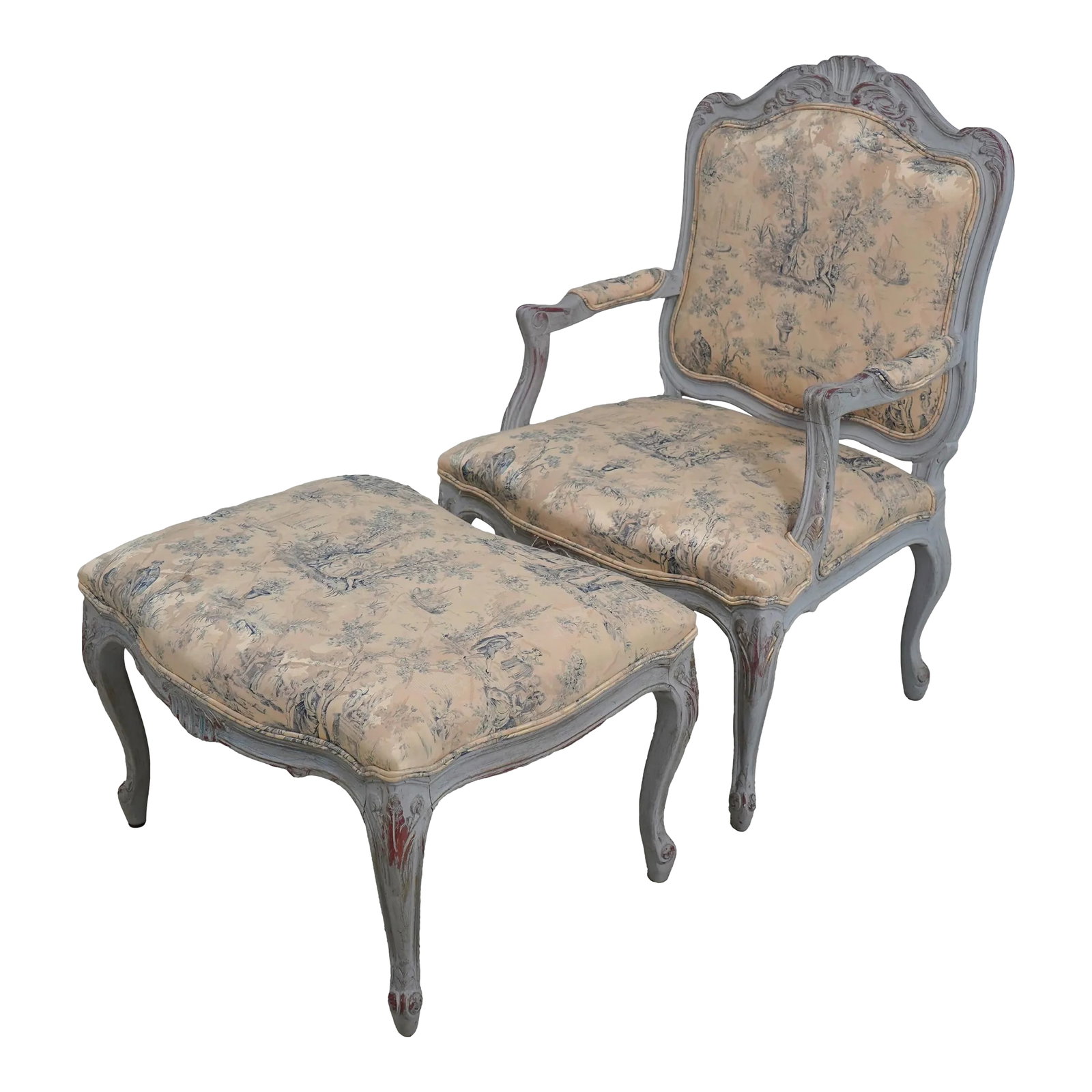 1990s French Louis XV Upholstered Armchair & Matching Ottoman: Age: Approx 20 Years Old Details: Carved Details Quality Construction French Style Professionally Reupholstered In Toile Upholstery Approx. 2 Years Ago Gray Painted Finish w. Red & Gold Highlights
