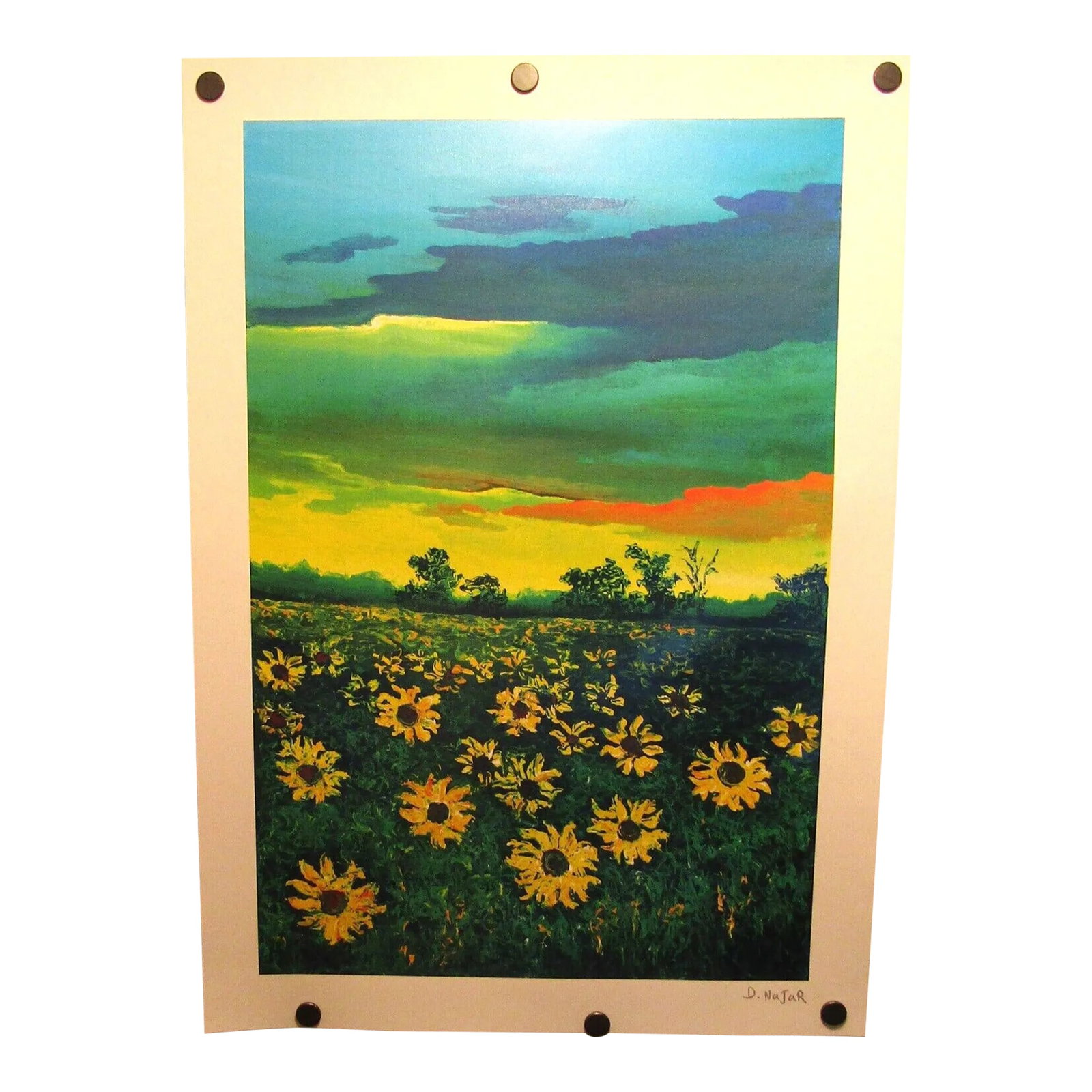 David Najar Signed Seriolithograph Sunflowers at Dusk Unframed: David Najar Signed Seriolithograph Sunflowers at Dusk Unframed The black dots are magnets used to hold the print to photograph. Overall measures 17 3/4" wide and 25" tall. Lithograph measures 14 1/2"