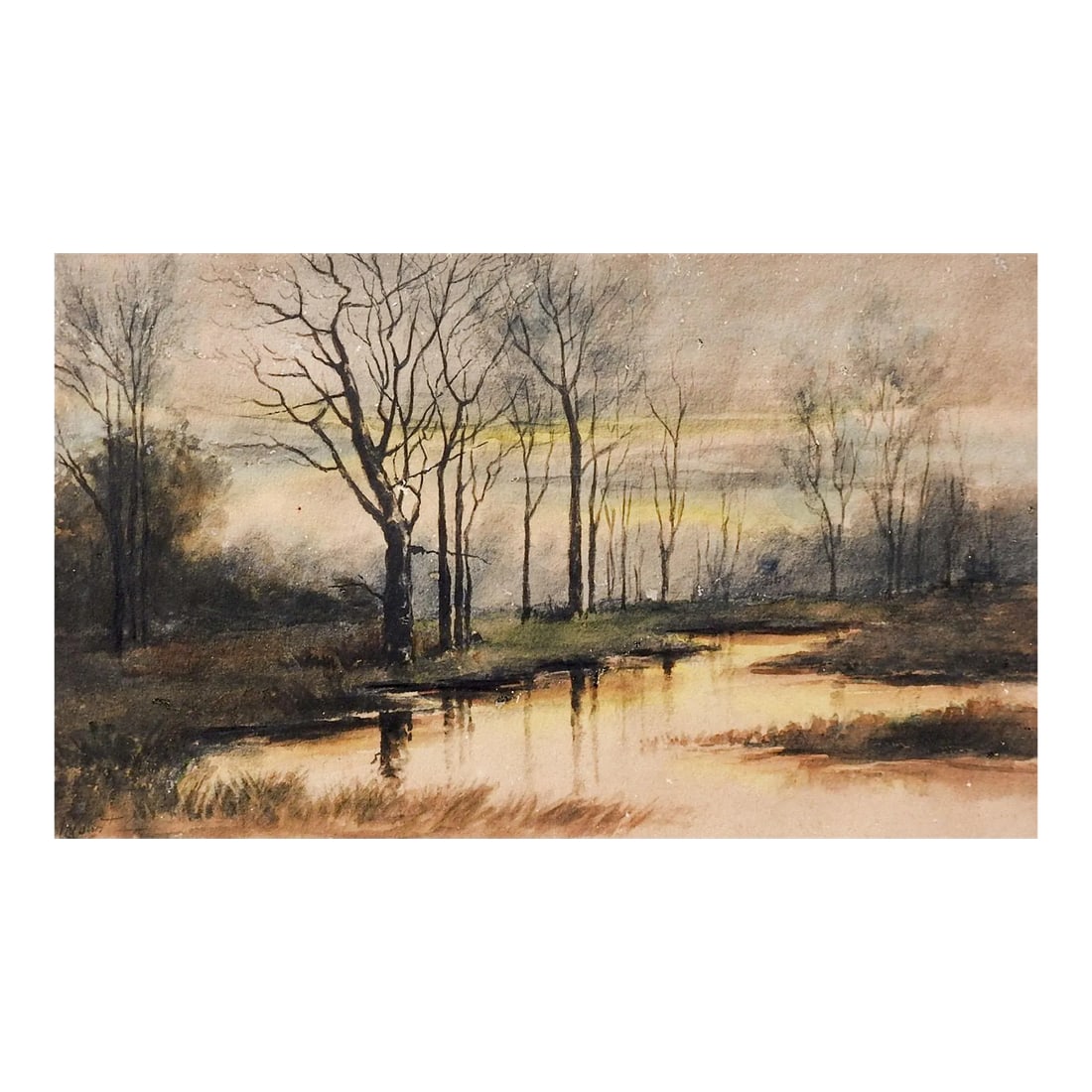 Early 20th Century Riverside Evening Landscape Watercolor Painting: Circa 1910 watercolor on paper of riverside evening landscape. Unsigned. Unframed, age toning, few tiny specks paint loss. Condition: Alterations: Original Condition Unaltered Imperfections: Some