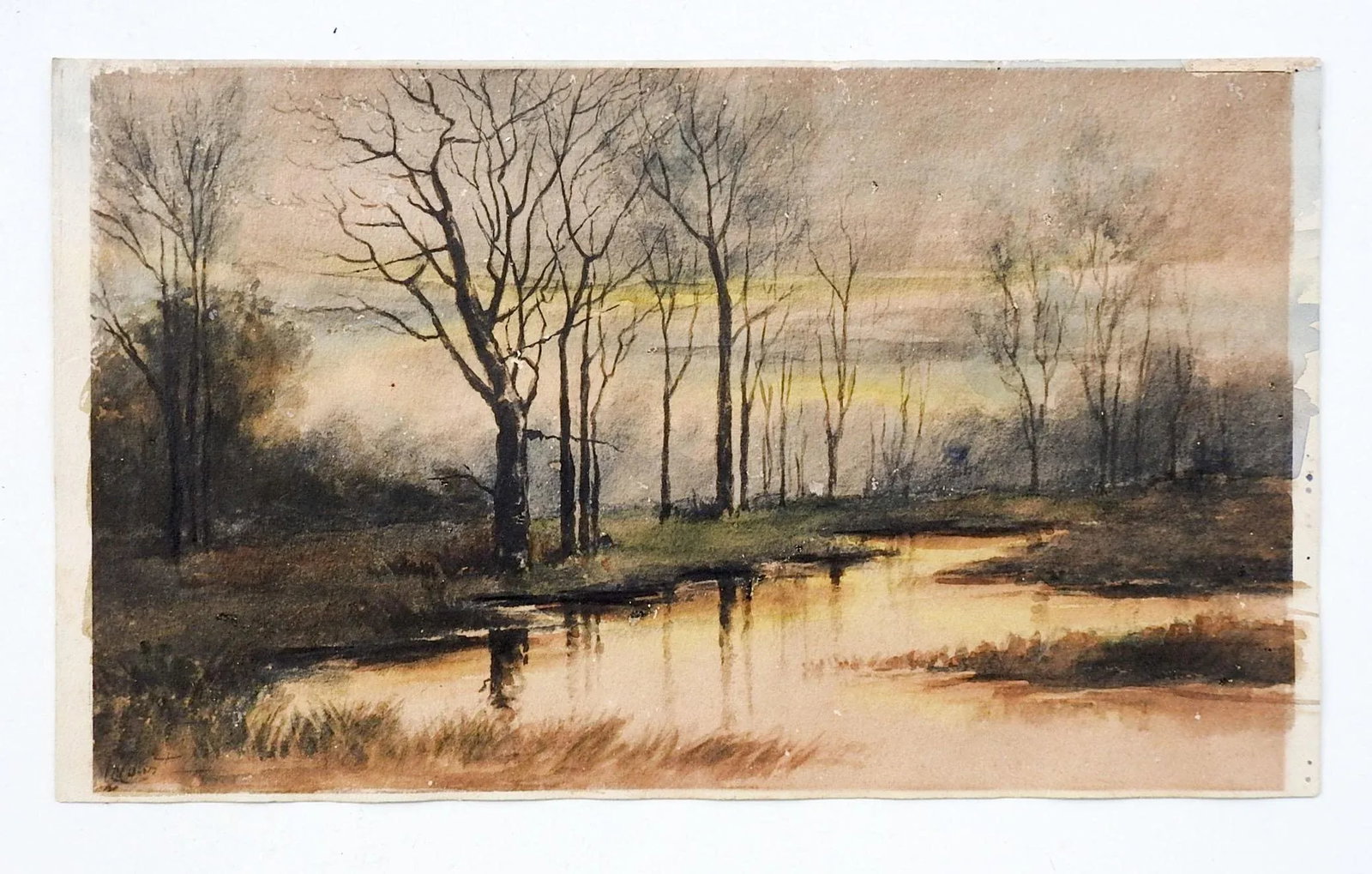 Early 20th Century Riverside Evening Landscape Watercolor Painting - 2