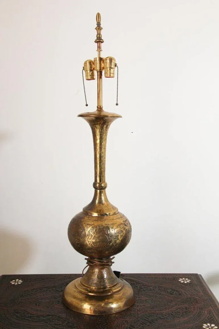 Antique Moorish Brass Table Lamp With Arabic Script - 11