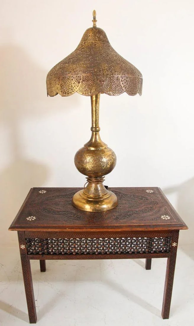 Antique Moorish Brass Table Lamp With Arabic Script - 16