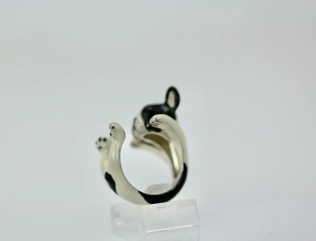Enamel Silver Boston Terrier Dog Ring Size 7 - 5