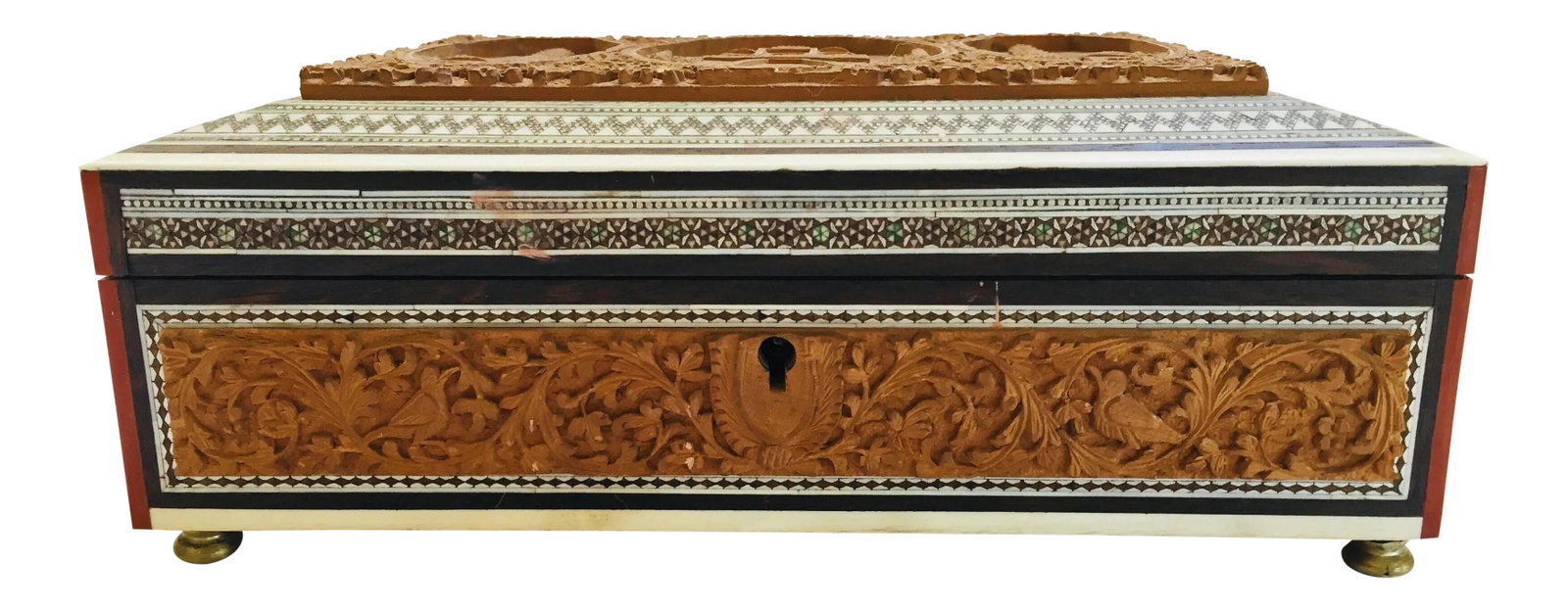 19th Century Anglo-Indian Jewelry Box With Lidded Compartments: 19th century Anglo-Indian wooden box with fine Moorish micro mosaic marquetry sadeli mosaic box fitted with various compartments finely hand-carved with the Taj Mahal. The interior with removable