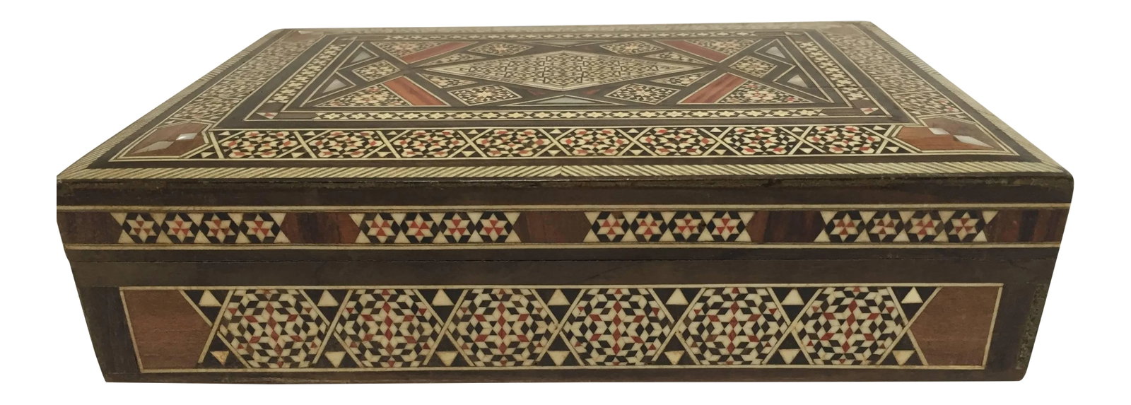 Middle Eastern Moorish Mosaic Inlay Jewelry Box: Exquisite Middle Eastern Syrian inlay jewelry box intricately inlaid with Moorish motif designs which have been painstakingly inlaid micro mosaic marquetry. The interior is lined with red velvet and