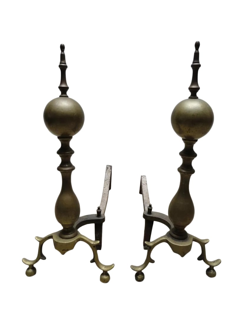 Antique American Brass & Iron Andirons - A Pair (1 of 7)