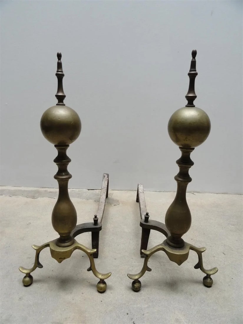 Antique American Brass & Iron Andirons - A Pair - 2