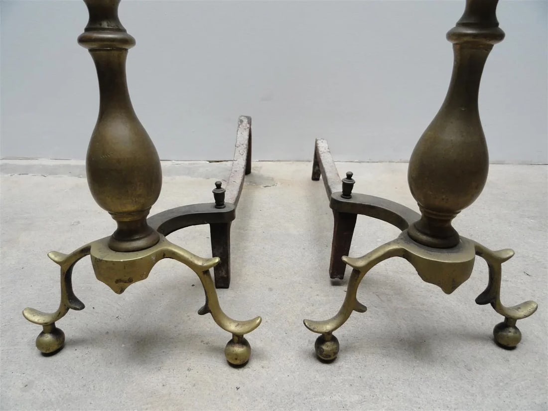 Antique American Brass & Iron Andirons - A Pair - 3