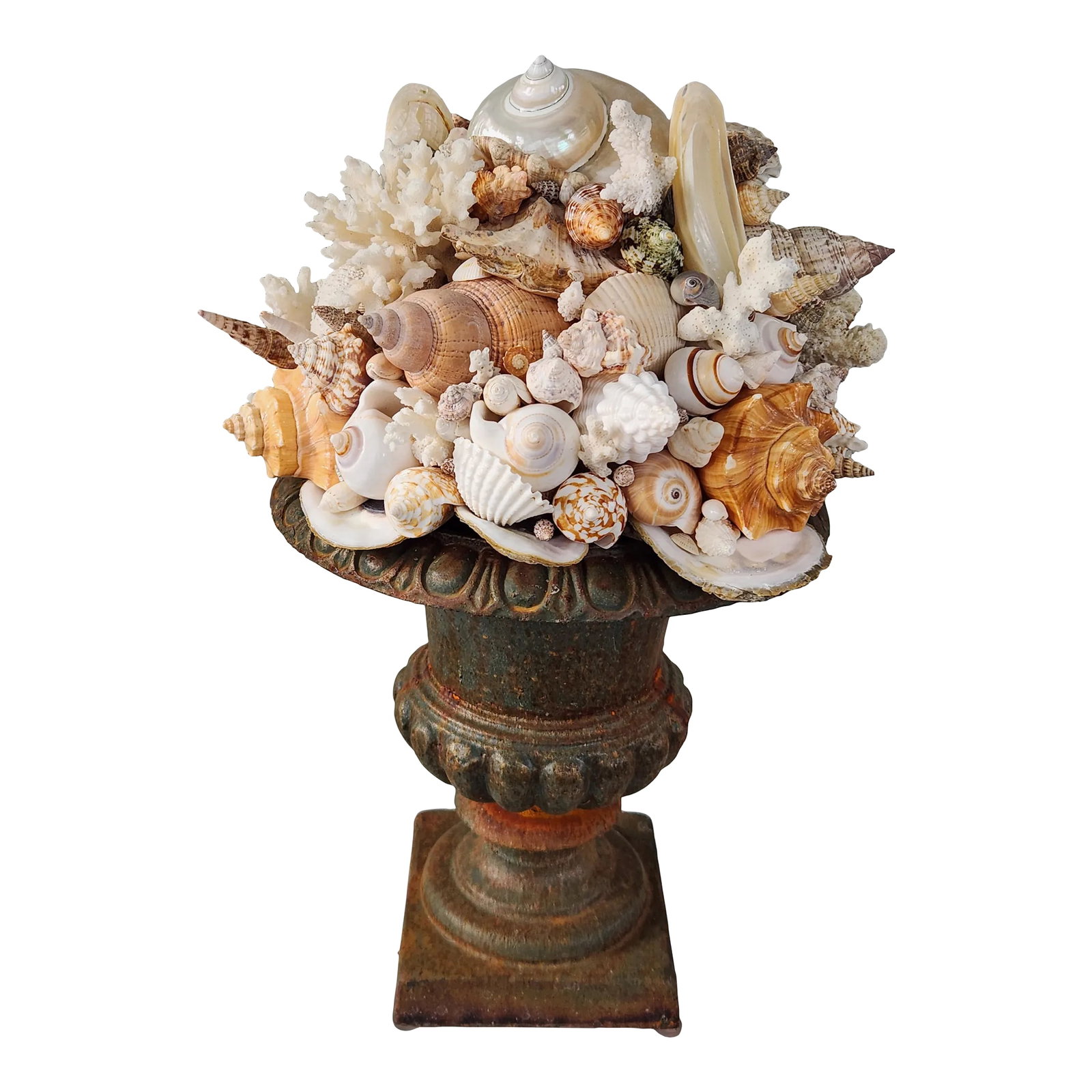 Seashell and Urn Sculpture Topiary: This was created by myself from my private sea shell collection of both newly collected sea sells and vintage sea shells. Only one of its kind. The vase base is cast iron with a stunning patina that h