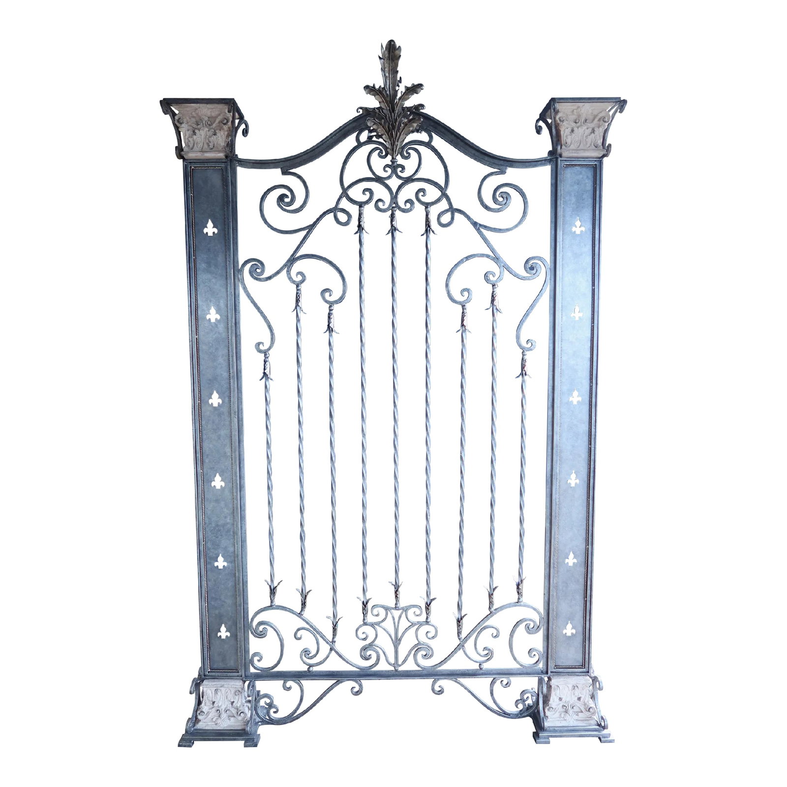 Large Wrought Iron Decorated Silver Wall Gate: Age: Approx: 20 Years Old Details: Tole Feathered Top Stone Decorated Accents High Quality Construction Extremely Heavy Nicely Finished The Same On Both Sides Large Impressive Free Standing