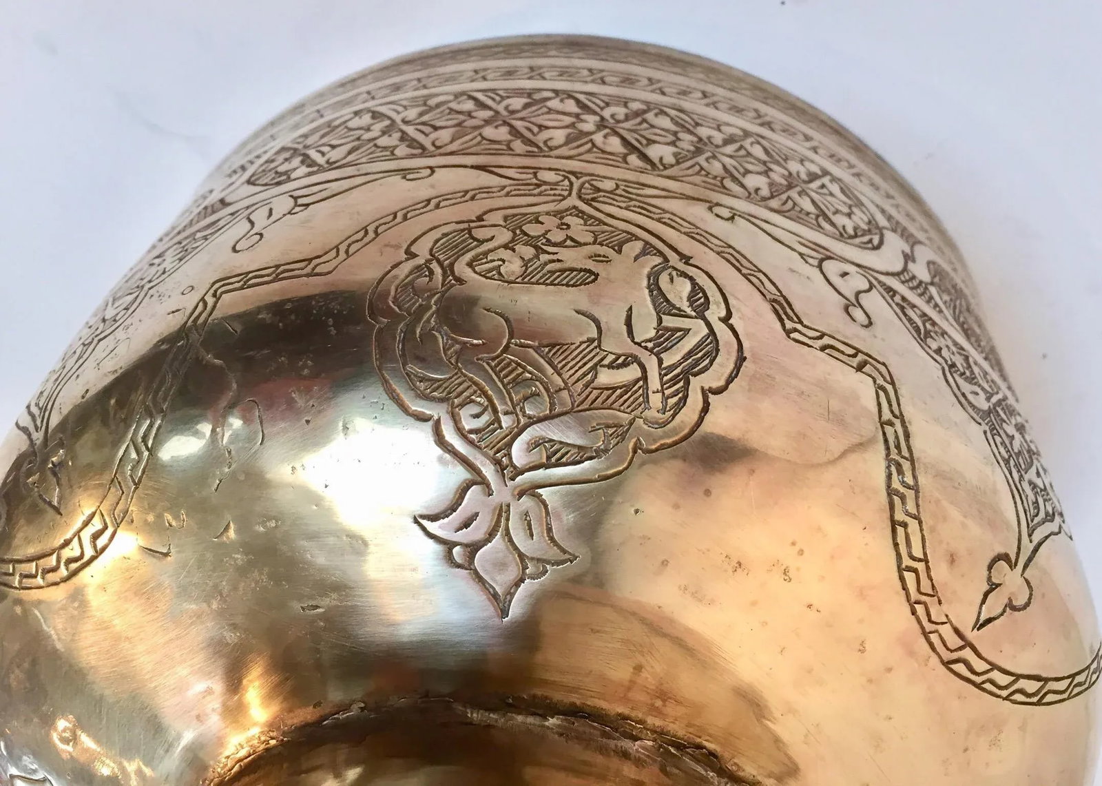 Islamic Middle Eastern Hand-Etched Footed Brass Bowl - 11