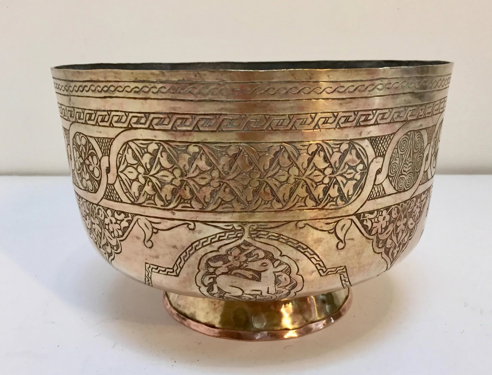 Islamic Middle Eastern Hand-Etched Footed Brass Bowl - 12