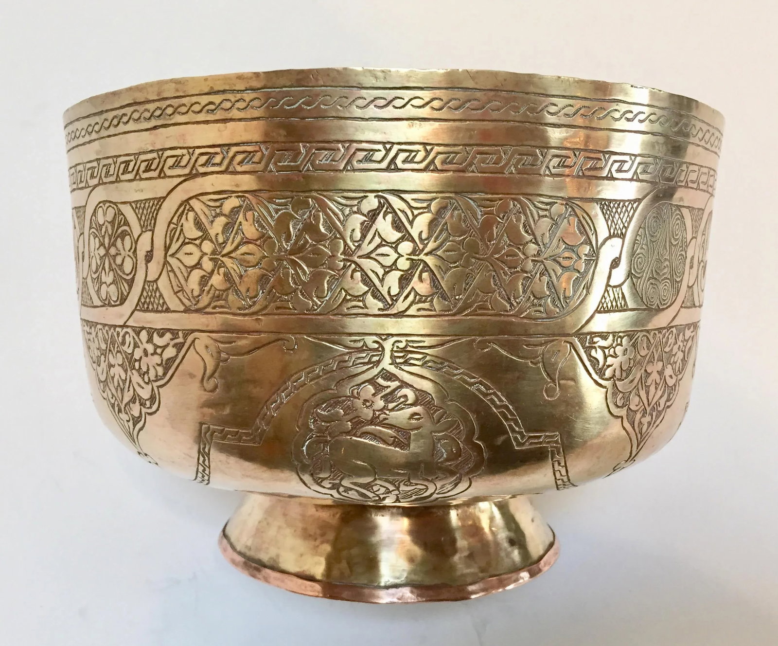 Islamic Middle Eastern Hand-Etched Footed Brass Bowl - 4
