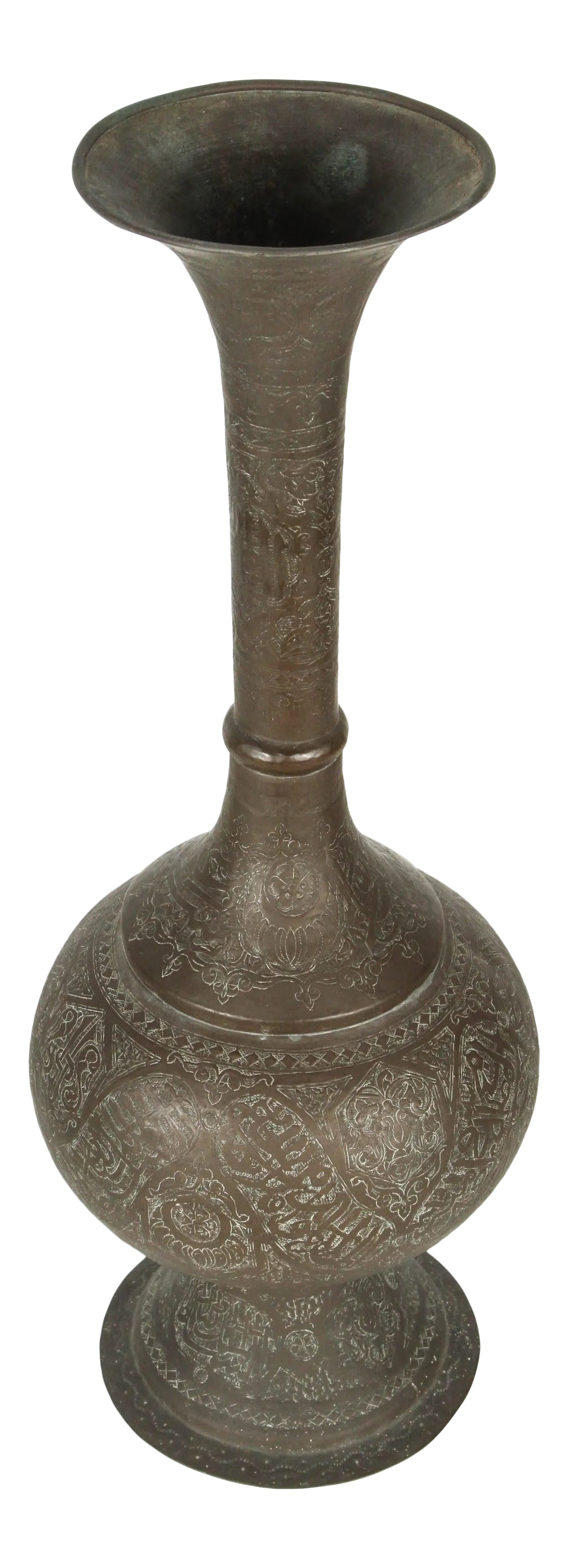 Mid 19th Century Middle Eastern Brass Vase: Tall brass Middle Eastern Persian vase in a trumpet shape. Handcrafted large sculptural elegant bronzed color metal Moorish vase. Delicately handmade and etched with very fine floral and geometrical I