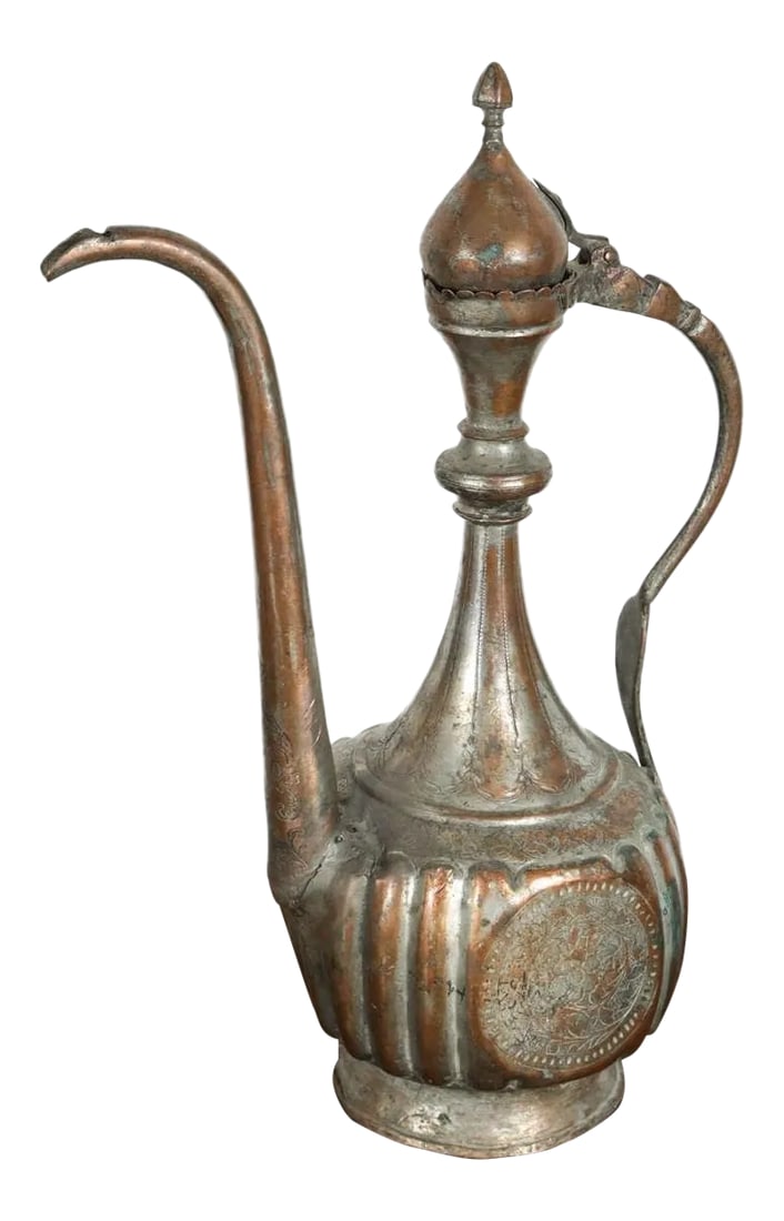 Antique 19th Century Middle Eastern Persian Tinned Copper Ewer: Antique 19th century Middle Eastern Persian tinned copper ewer. Nice decorative hand-hammered ewer in the Mameluke style. Condition: Alterations: Original Condition Unaltered Imperfections: Some Imper