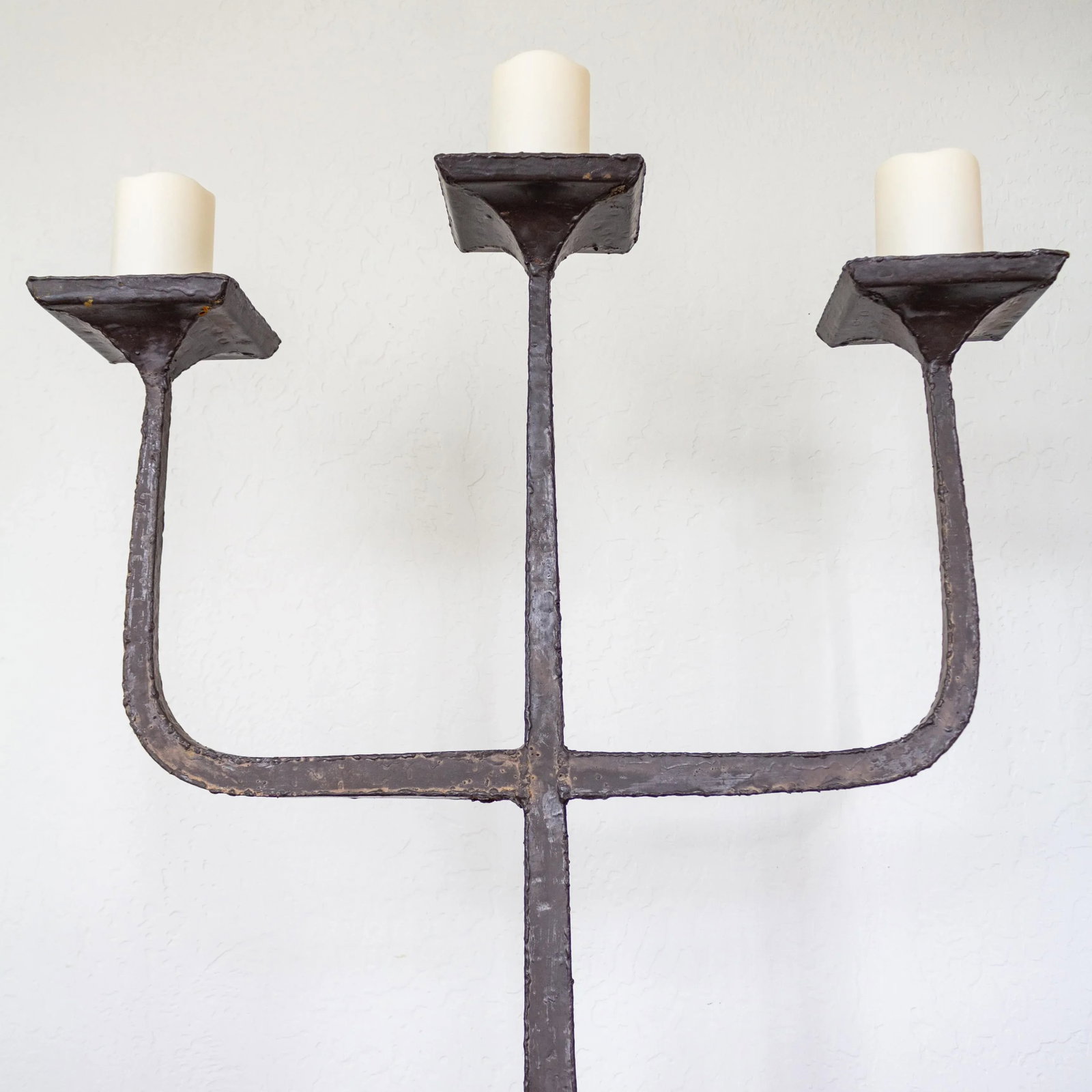Brutalist Three Arm Candelabra Floor Candle Stand | Hammered and Hand Welded - 10