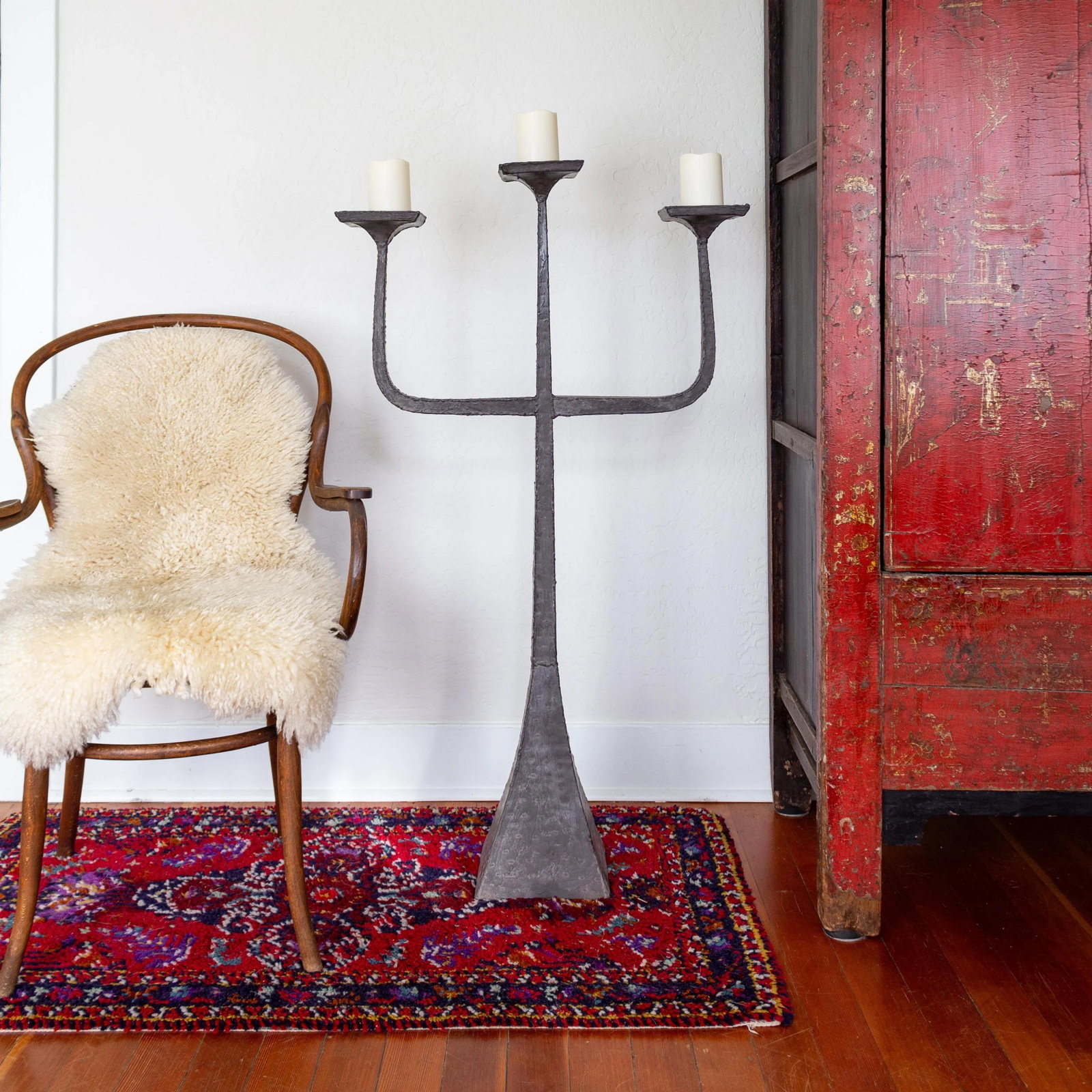 Brutalist Three Arm Candelabra Floor Candle Stand | Hammered and Hand Welded - 2