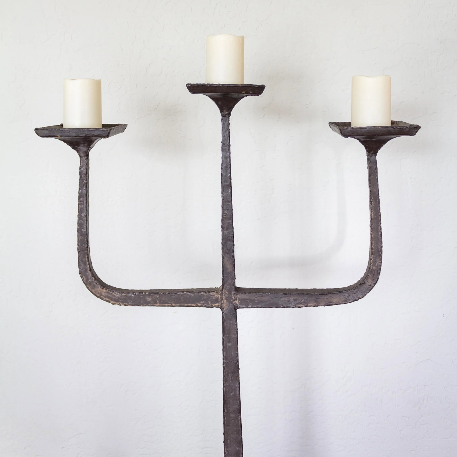 Brutalist Three Arm Candelabra Floor Candle Stand | Hammered and Hand Welded - 3