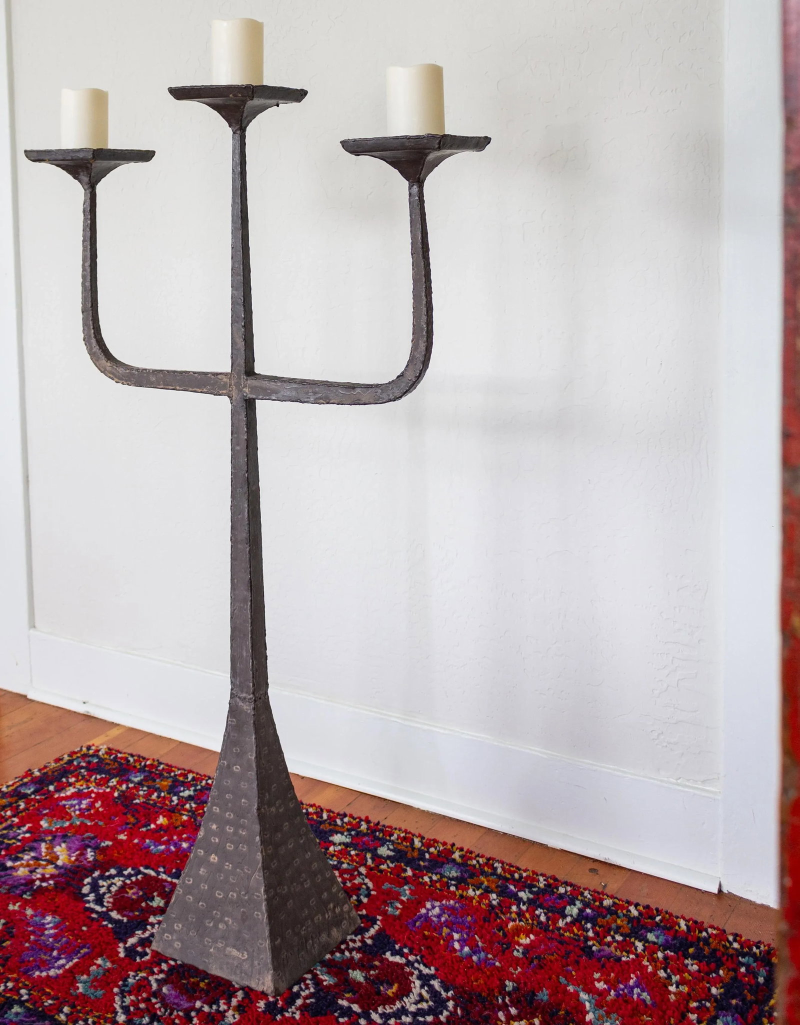 Brutalist Three Arm Candelabra Floor Candle Stand | Hammered and Hand Welded - 7