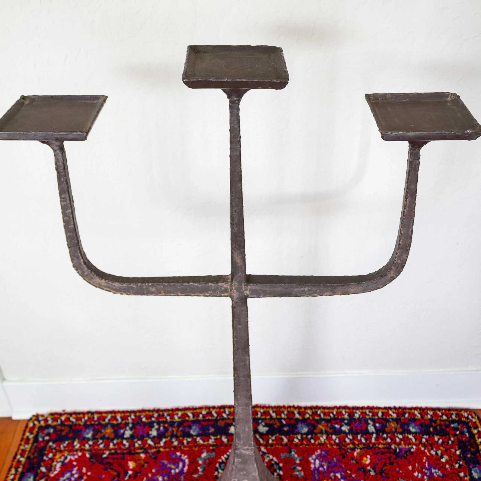 Brutalist Three Arm Candelabra Floor Candle Stand | Hammered and Hand Welded - 8