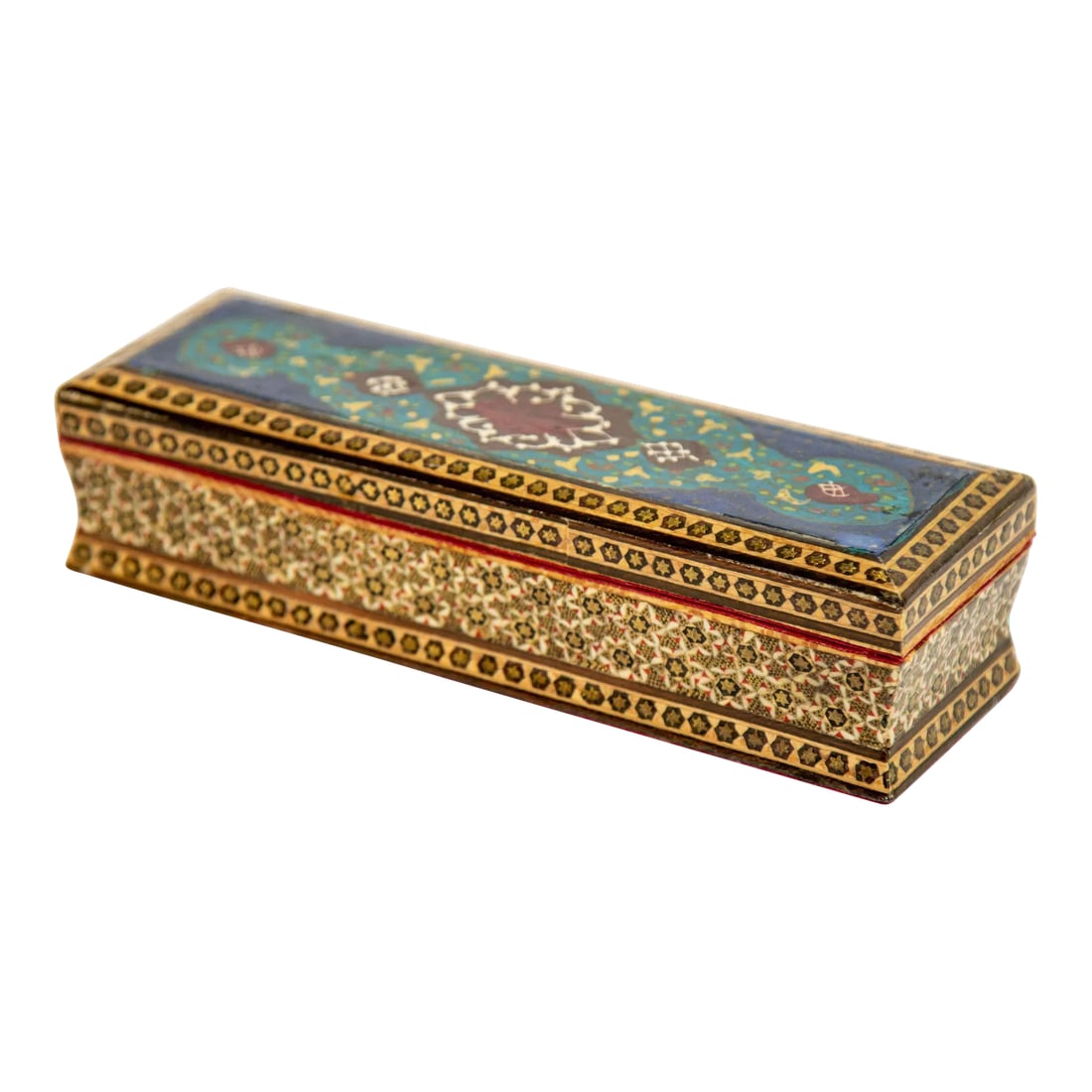 Micro Mosaic Moorish Inlaid Jewelry Pen Box: Micro Mosaic Persian Islamic Moorish Inlaid Jewelry Pen Box. 1950s Middle Eastern Moorish Inlaid Jewelry Trinket Mosaic Box. Handcrafted marquetry Moorish wood inlay micro mosaic with miniature hand p